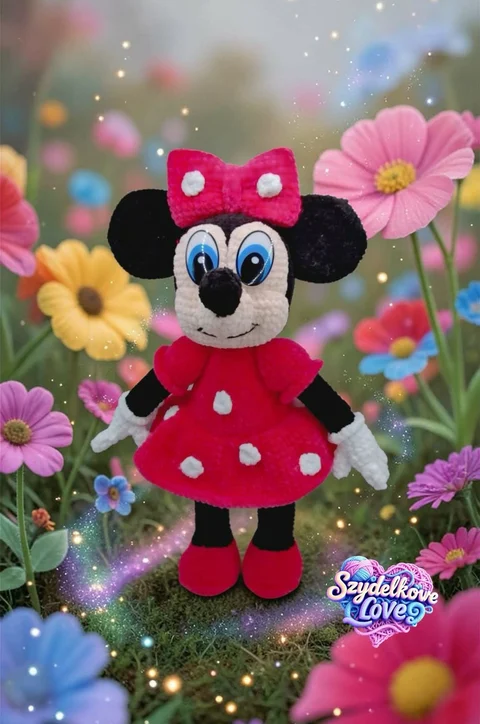 Pluszowa Minnie Mouse w czerwonej sukience w grochy z różową kokardą
